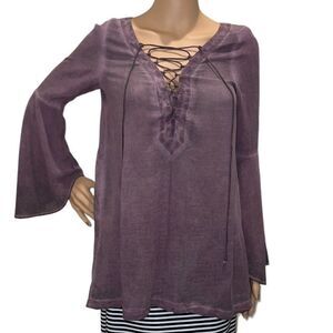 Rock And Republic Shirt Women's XS Purple Bell Sleeve Lace Up V Neck
